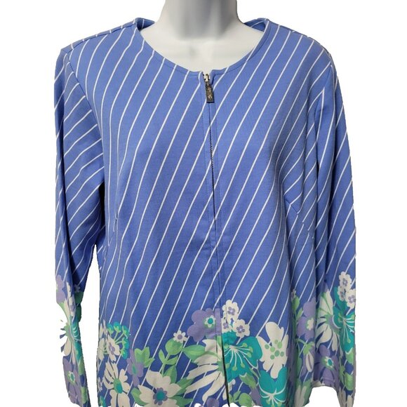 Bob Mackie Wearable Art Jacket Full Zip Size M Womens Blue Stripe Floral Vtg NWT - Picture 2 of 15